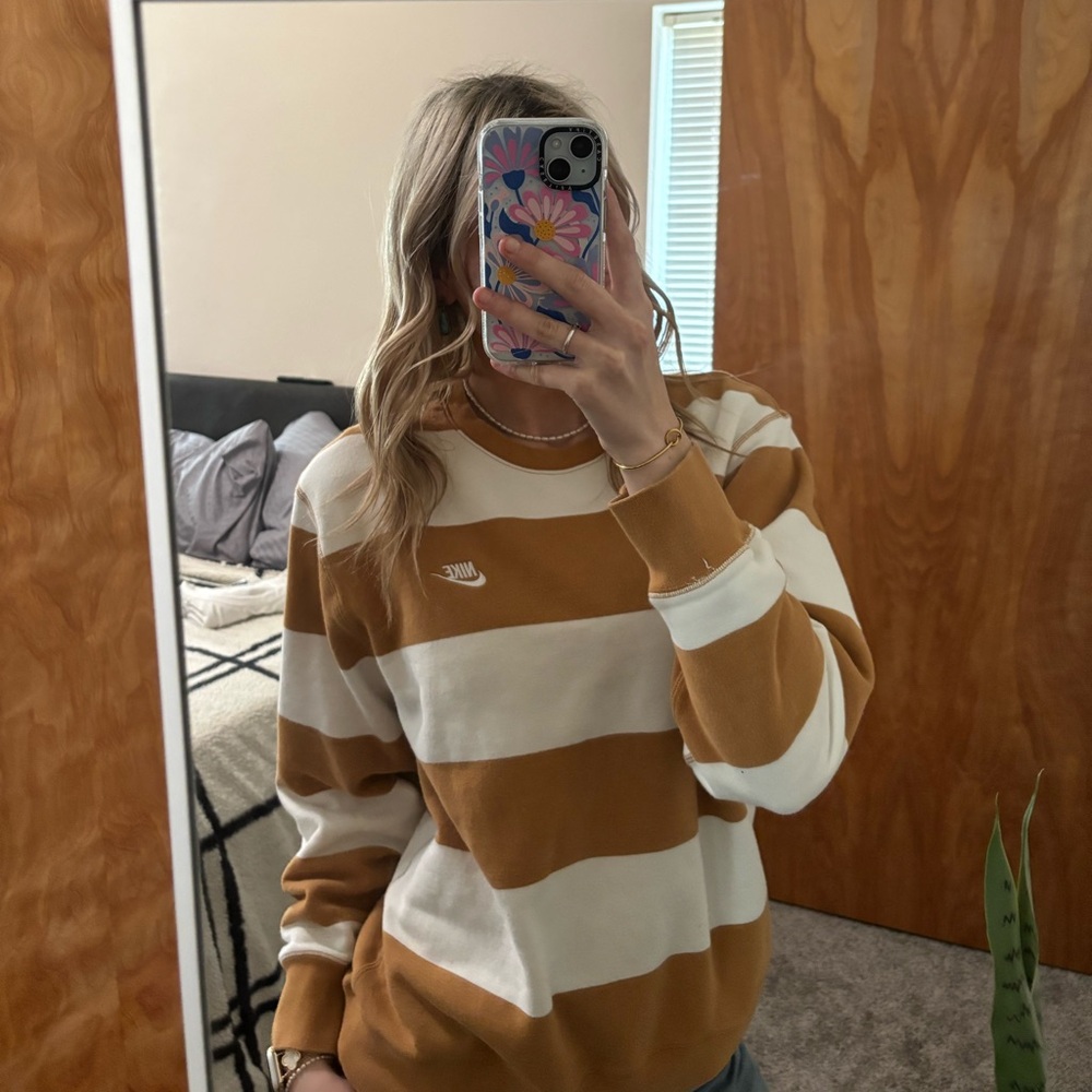 Nike Wide Striped Crewneck in Camel and Cream